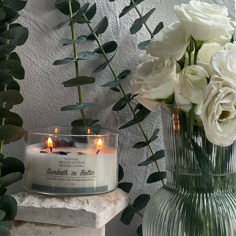 Sunbath in Baltic Natural Crystal Stone candle with Crystal bamboo clip 280g