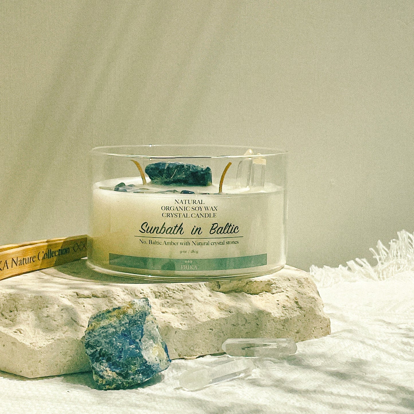 Sunbath in Baltic Natural Crystal Stone candle with Crystal bamboo clip 280g