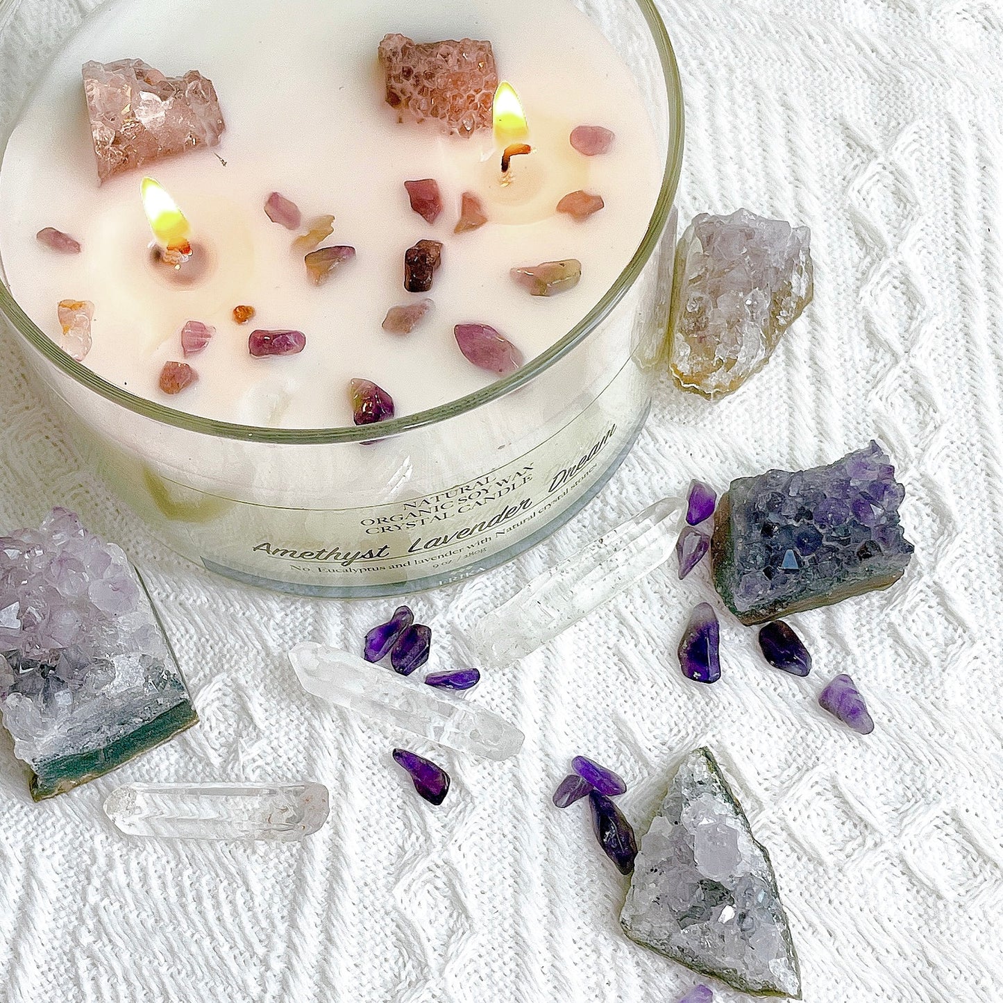 Amethyst Lavender Dream Natural crystal stone candle with Crystal bamboo clip 280g