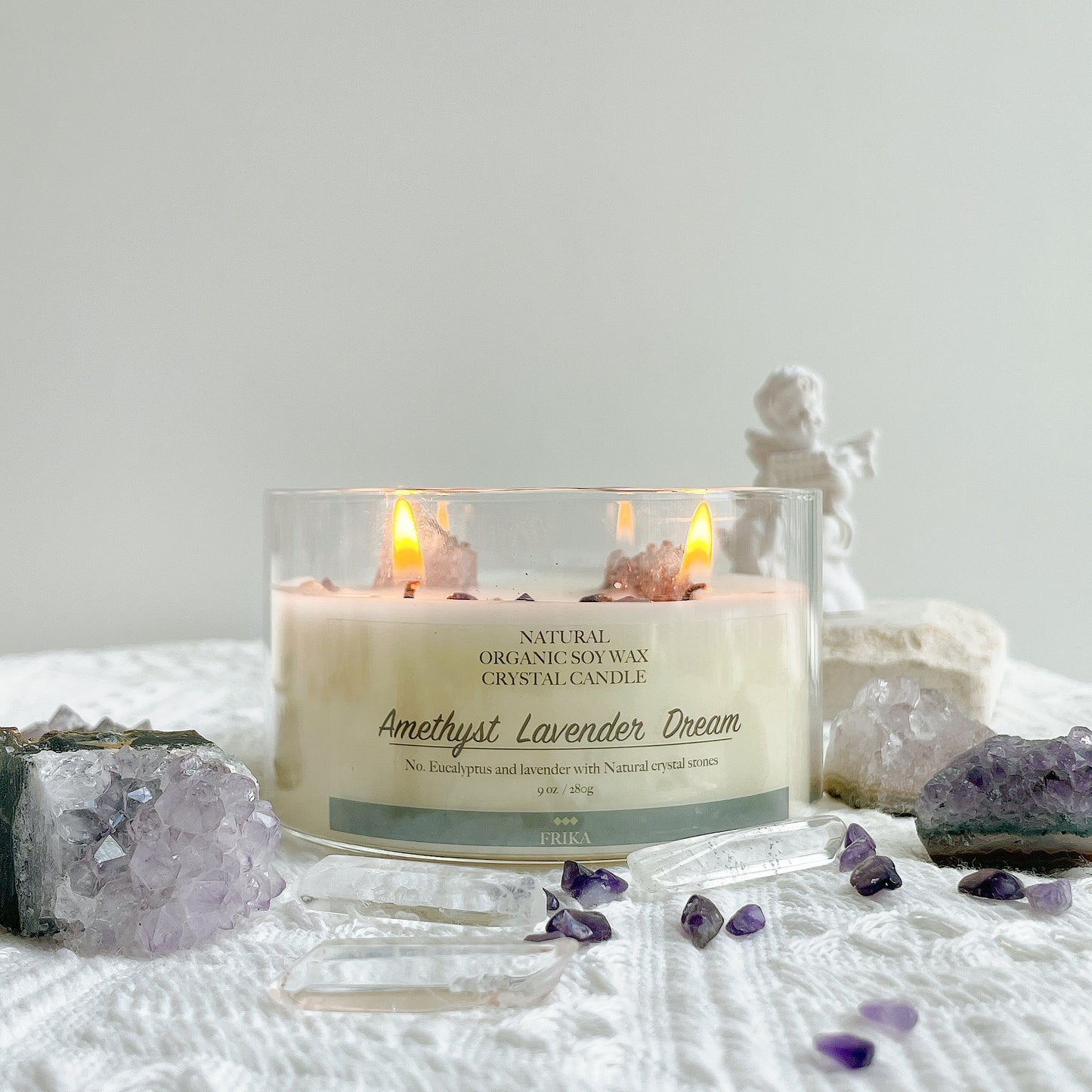 Amethyst Lavender Dream Natural crystal stone candle with Crystal bamboo clip 280g