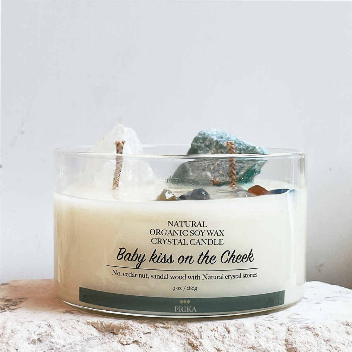 Baby kiss on the CHEEK Natural crystal stone candle with Crystal bamboo clip 280g