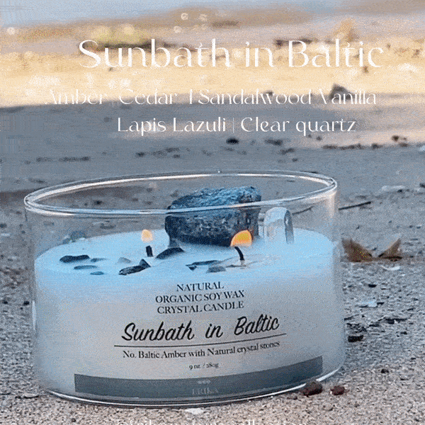 Sunbath in Baltic Natural Crystal Stone candle with Crystal bamboo clip 280g