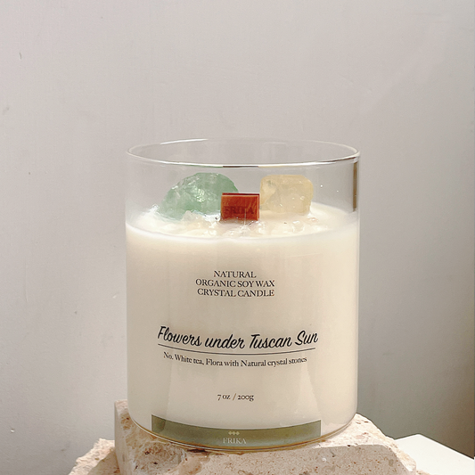 Flowers under Tuscan Sun Natural crystal stone candle 托斯卡納的艷陽花徑100％有機天然大豆木燭芯香薰蠟燭(附贈楠竹水晶夾) 200g<br>