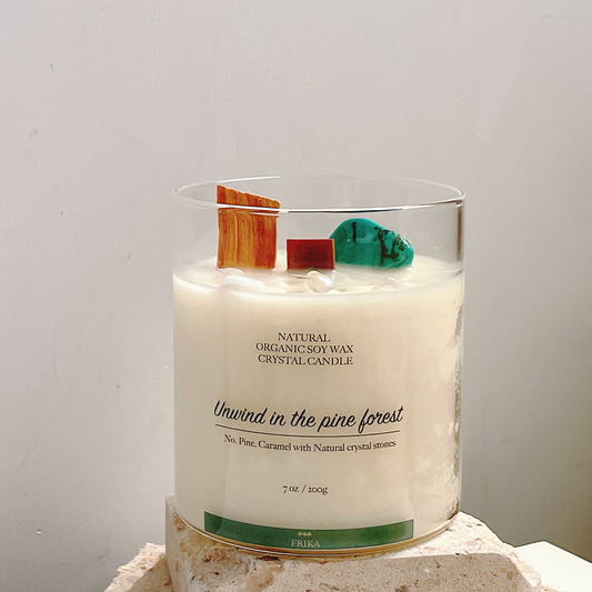 Unwind in the Pine Forest Natural crystal stone candle 原始松林秘境之旅100％有機天然大豆木燭芯香薰蠟燭(附贈楠竹水晶夾) 200g<br>